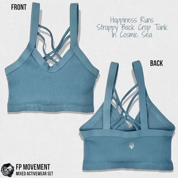 FP MOVEMENT HAPPINESS RUNS STRAPPY BACK CROP TANK + GOOD KARMA LEGGINGS BLUE HUE - Picture 3 of 16